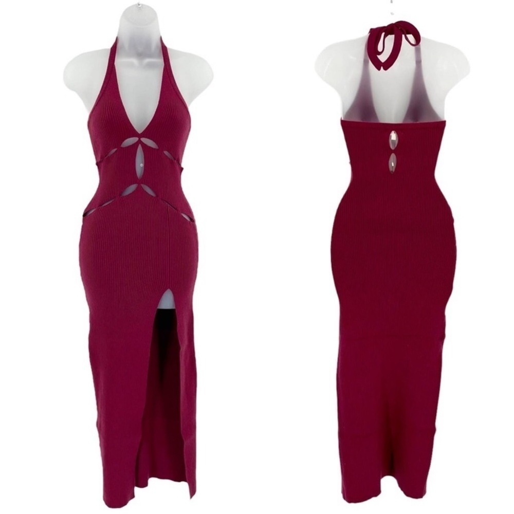 For Love and Lemons ribbed knit halter cut out midi high slit dress Size S NWT